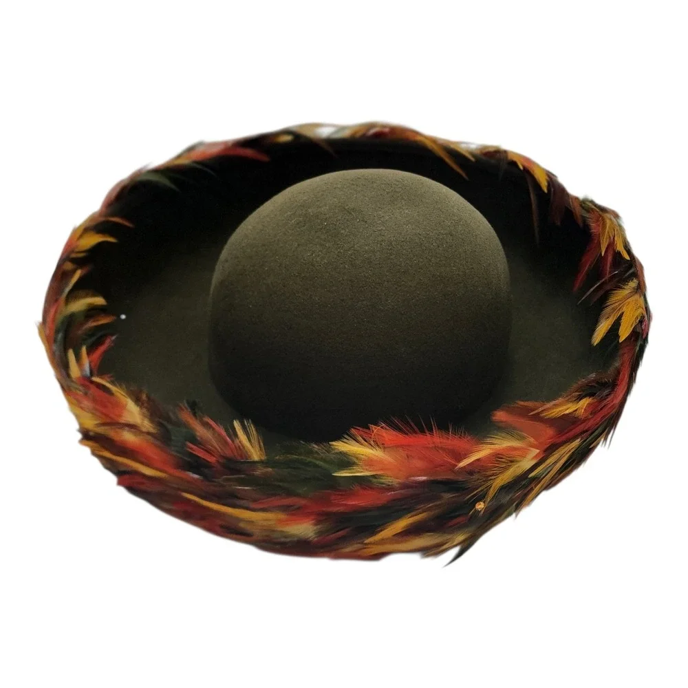 Vintage Mr John Classic Olive Green Wool Felt Feather Trim Pillbox Hat New‎ York
